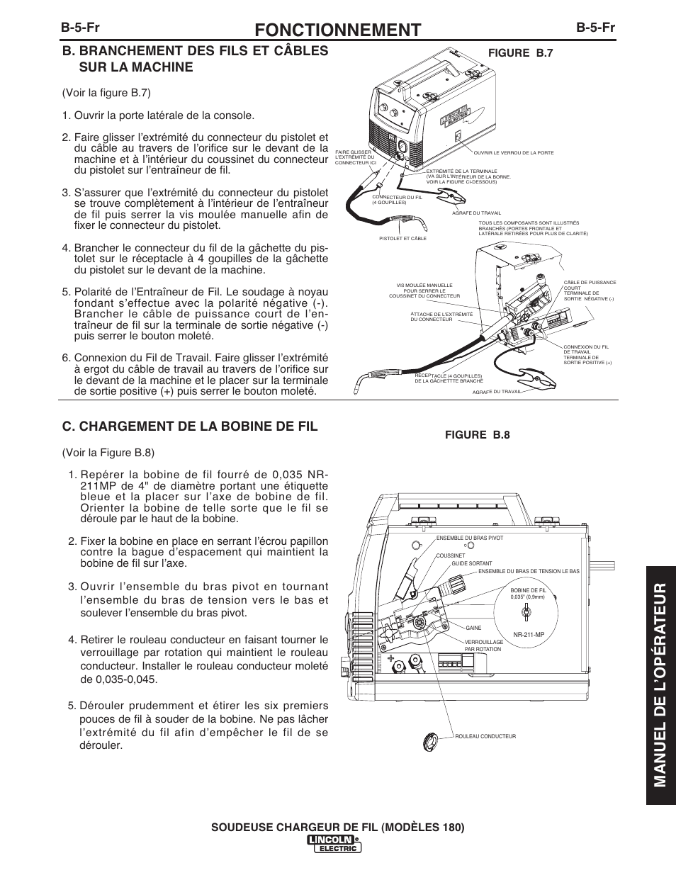 Fonctionnement, Manuel de l ʼopéra teur, B-5-fr | B. branchement des fils et câbles sur la machine, C. chargement de la bobine de fil | Lincoln Electric IMT10075 WIRE FEEDER WELDER 180 User Manual | Page 73 / 92