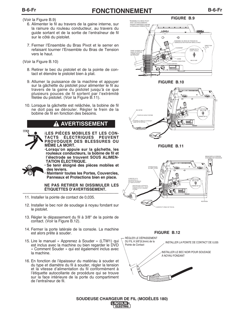 Fonctionnement, Avertissement, B-6-fr | Lincoln Electric IMT10075 WIRE FEEDER WELDER 180 User Manual | Page 74 / 92