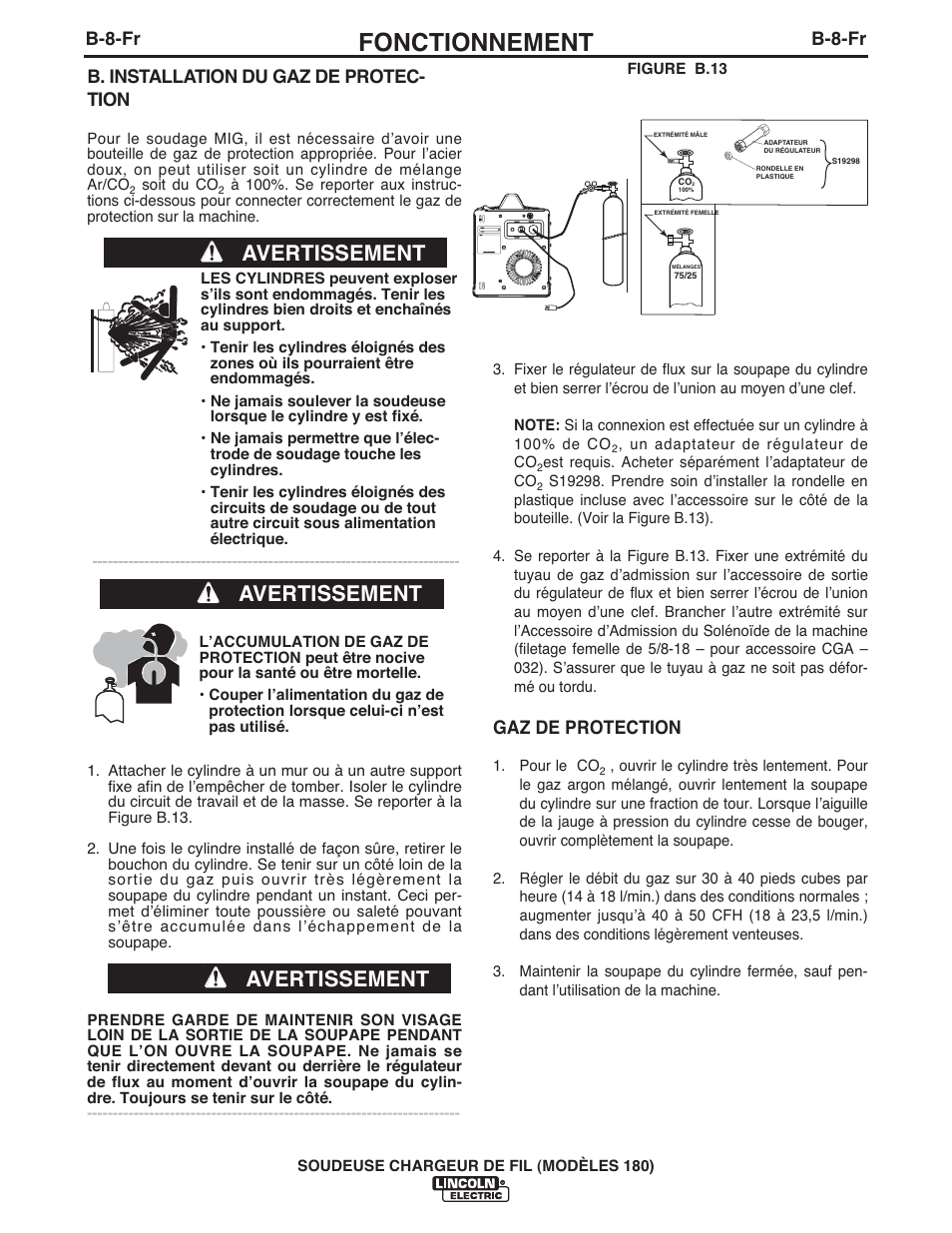 Fonctionnement, Avertissement, B-8-fr | B. installation du gaz de protec- tion, Gaz de protection | Lincoln Electric IMT10075 WIRE FEEDER WELDER 180 User Manual | Page 76 / 92