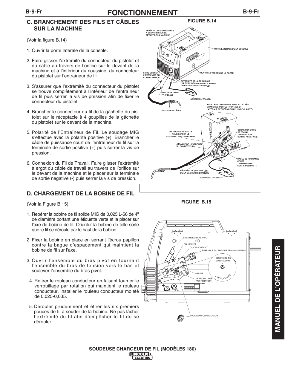Fonctionnement, Manuel de l ʼopéra teur, B-9-fr | C. branchement des fils et câbles sur la machine, D. chargement de la bobine de fil | Lincoln Electric IMT10075 WIRE FEEDER WELDER 180 User Manual | Page 77 / 92