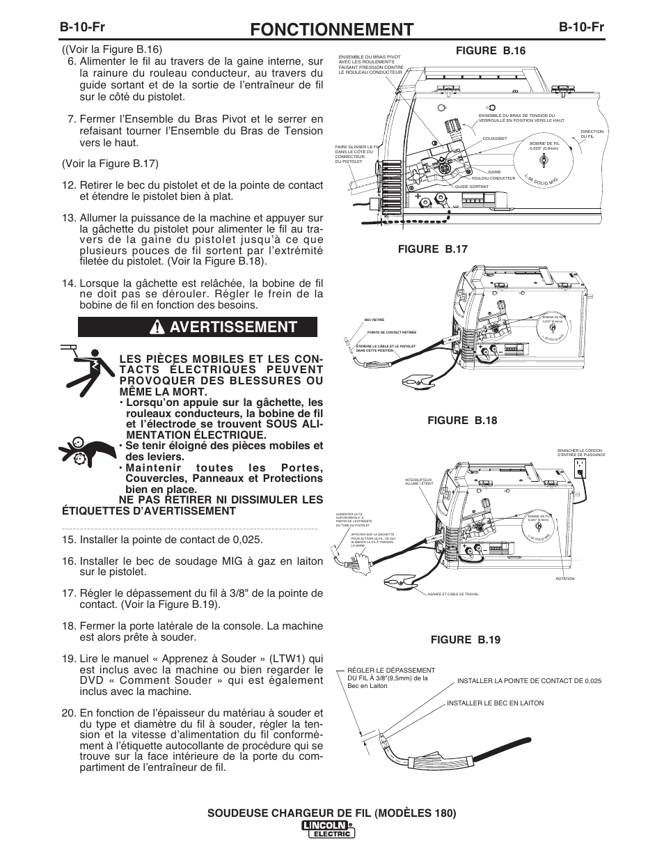 Fonctionnement, Avertissement, B-10-fr | Lincoln Electric IMT10075 WIRE FEEDER WELDER 180 User Manual | Page 78 / 92