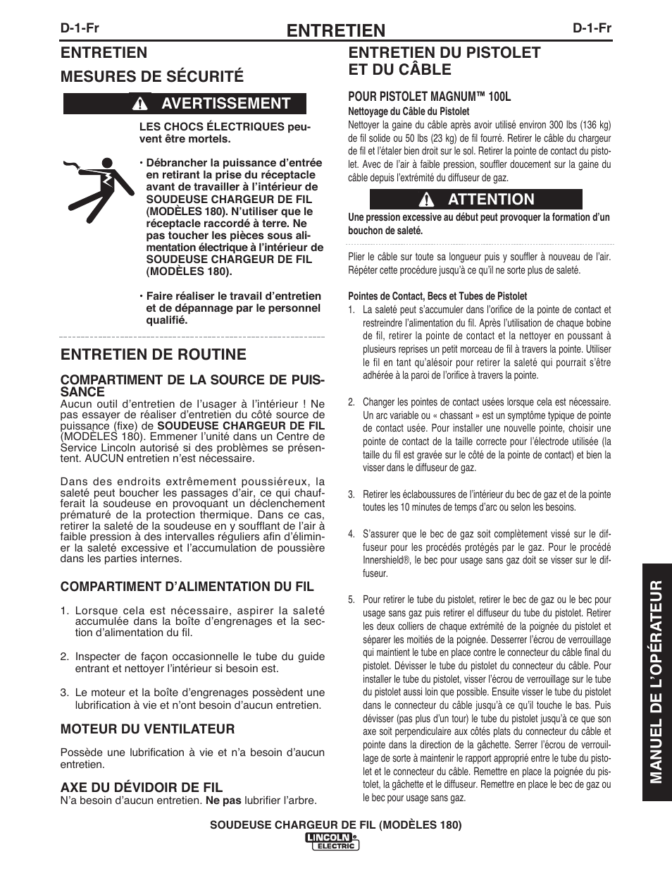 Entretien, Entretien mesures de sécurité, Entretien de routine | Avertissement entretien du pistolet et du câble, Attention manuel de l ʼopéra teur | Lincoln Electric IMT10075 WIRE FEEDER WELDER 180 User Manual | Page 83 / 92