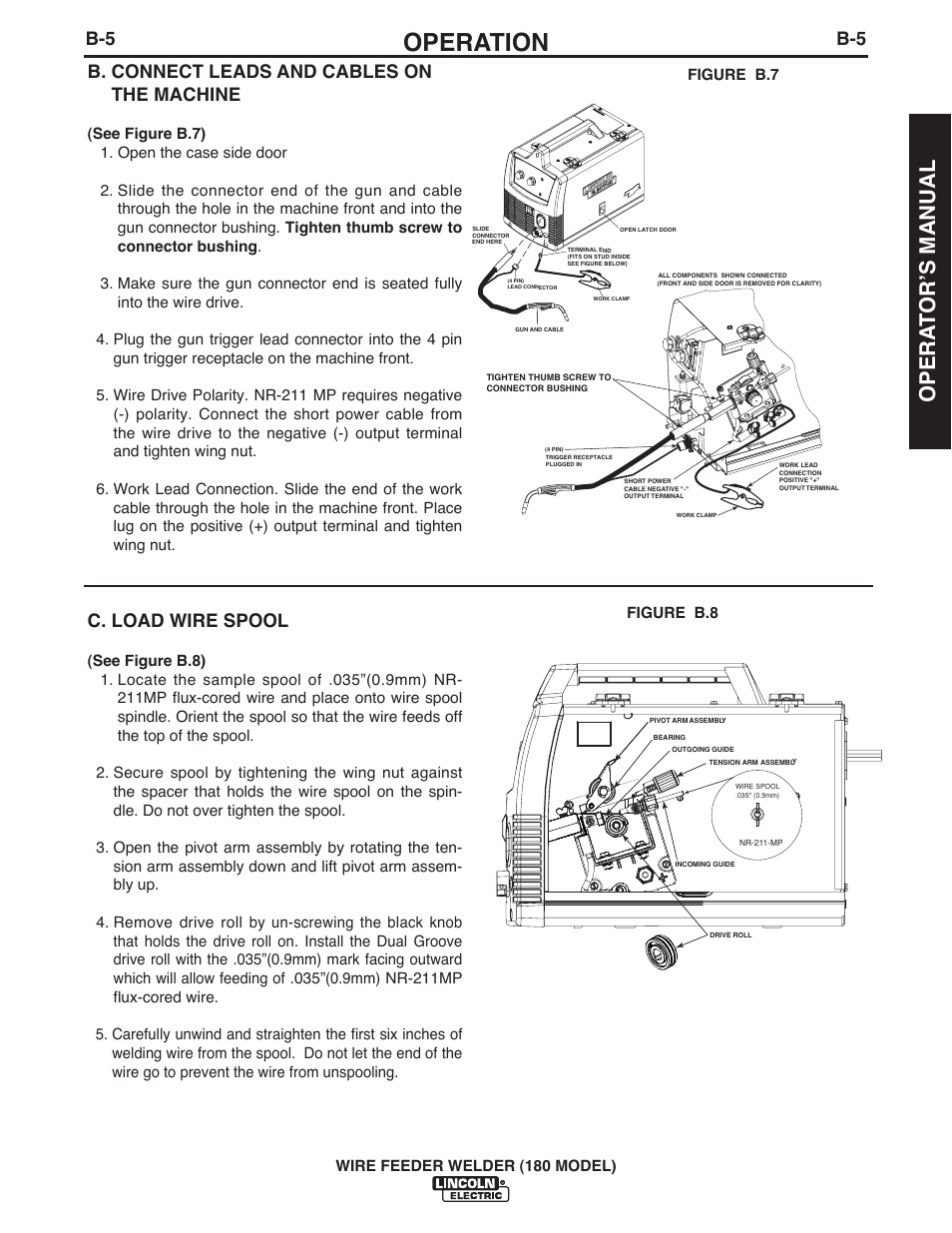 Operation, Opera t or ʼs manual, B. connect leads and cables on the machine | C. load wire spool | Lincoln Electric IMT10135 WIRE FEEDER WELDER 180 User Manual | Page 13 / 92