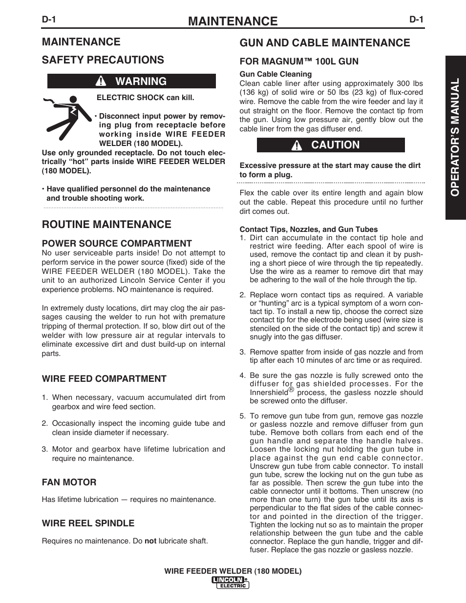 Maintenance, Opera t or ʼs manual, Maintenance safety precautions | Routine maintenance, Warning gun and cable maintenance, Caution | Lincoln Electric IMT10135 WIRE FEEDER WELDER 180 User Manual | Page 23 / 92