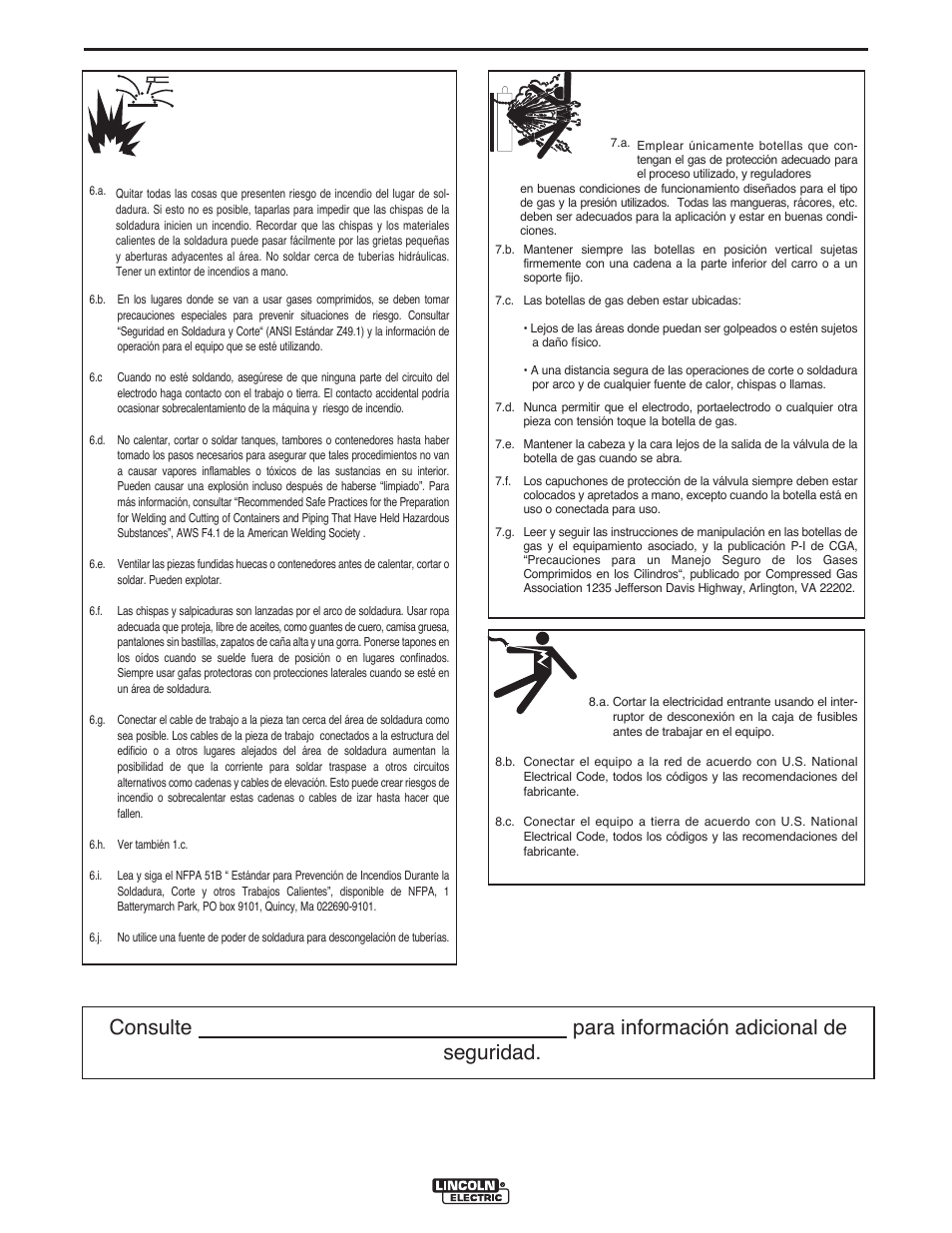 Seguridad, Para equipos eléctricos, La botella de gas puede explotar si está dañada | Lincoln Electric IMT10135 WIRE FEEDER WELDER 180 User Manual | Page 34 / 92