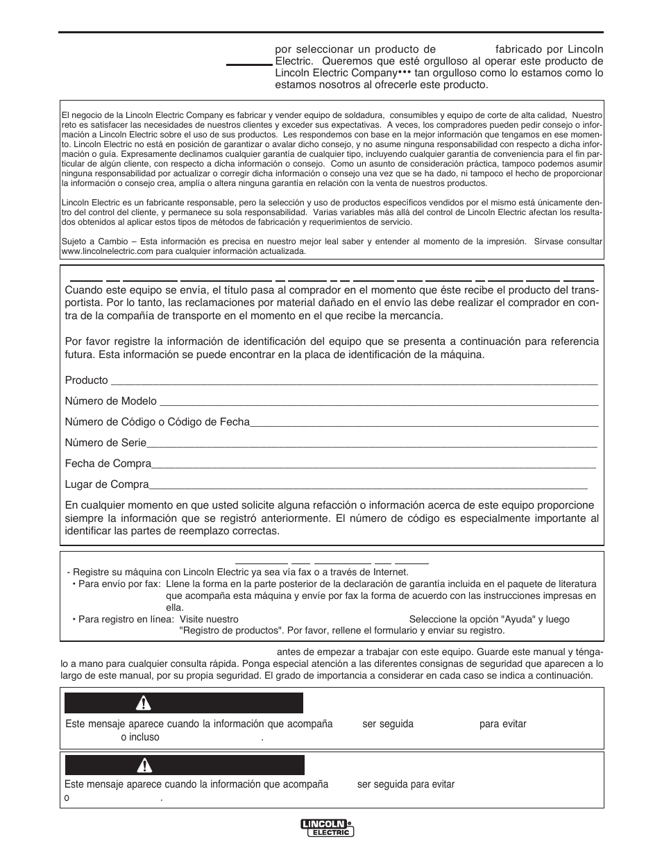 Gracias, Advertencia, Precaución | Lincoln Electric IMT10135 WIRE FEEDER WELDER 180 User Manual | Page 36 / 92