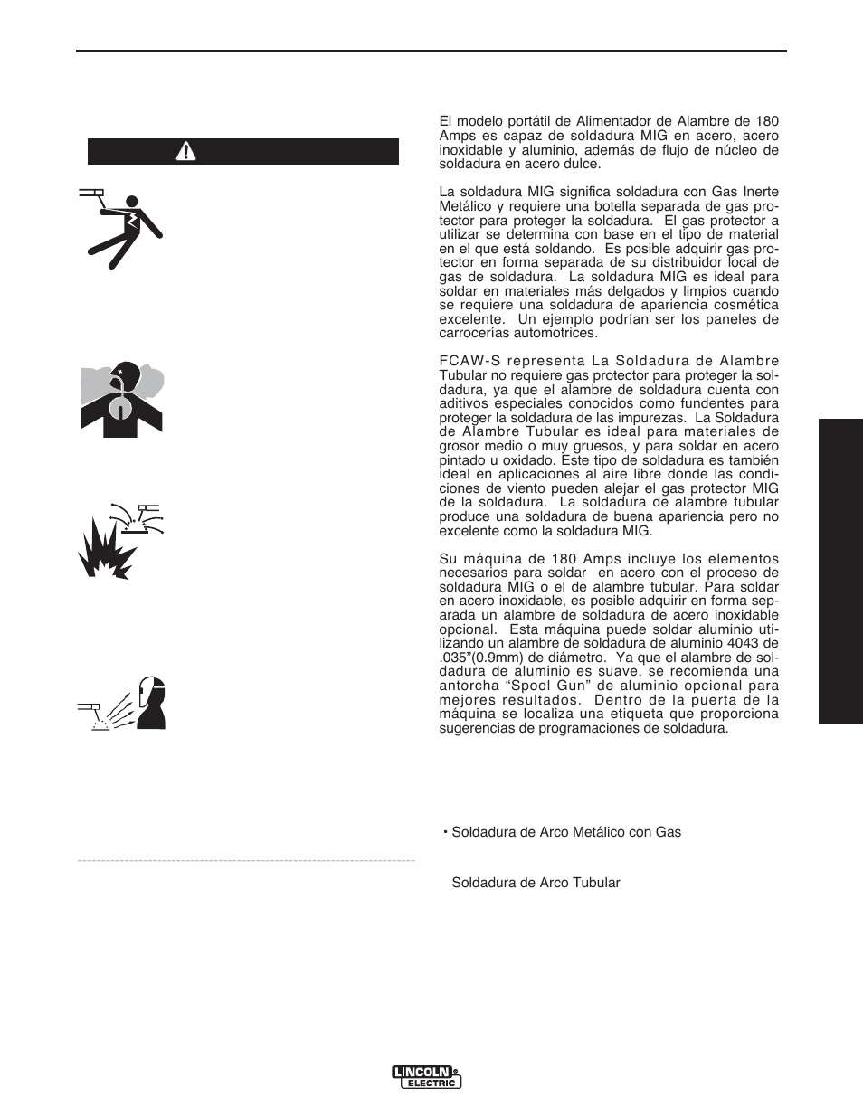 Operación, Manual del operador, Advertencia | Lincoln Electric IMT10135 WIRE FEEDER WELDER 180 User Manual | Page 39 / 92