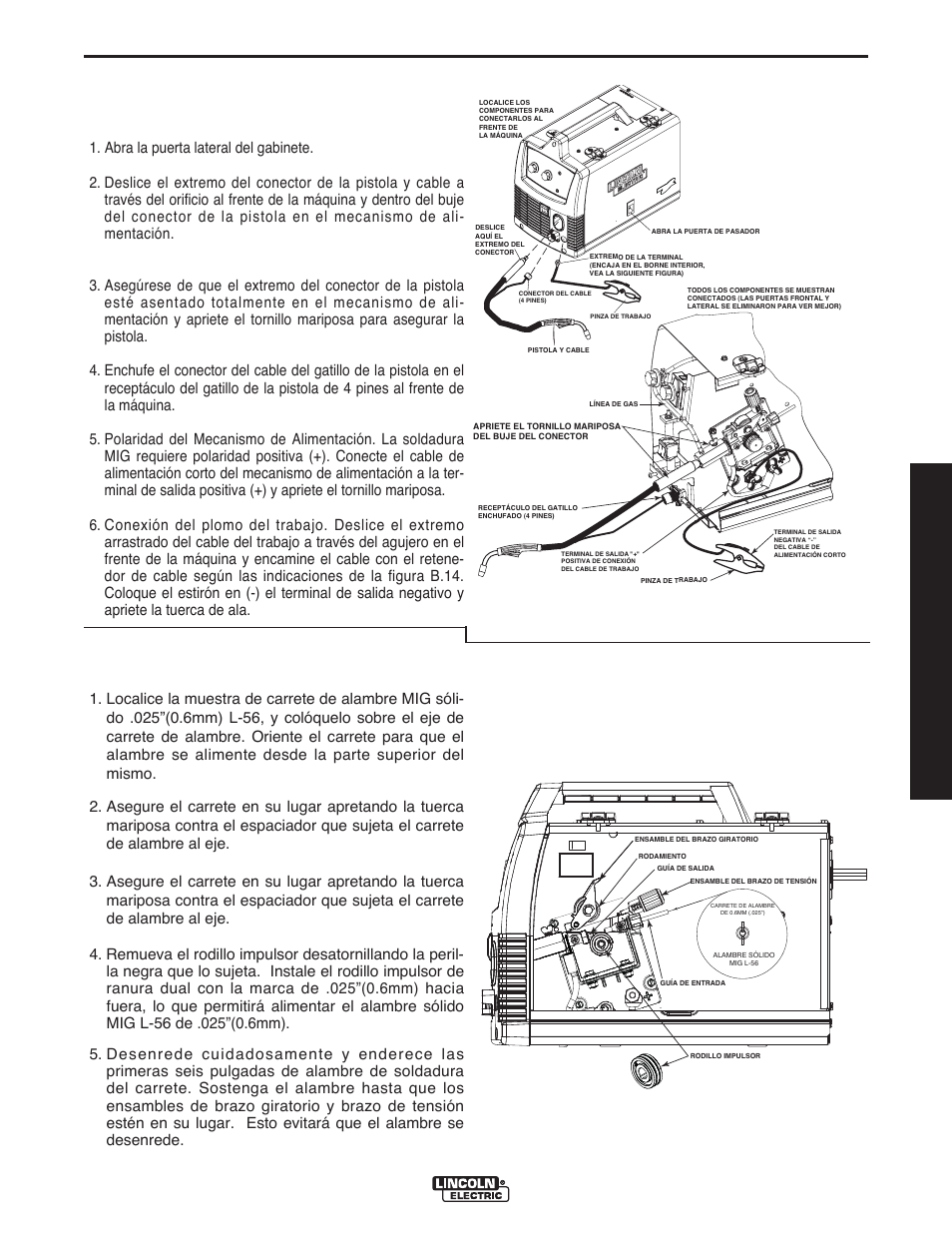 Operación, Manual del operador, D. carga del carrete de alambre | Lincoln Electric IMT10135 WIRE FEEDER WELDER 180 User Manual | Page 47 / 92