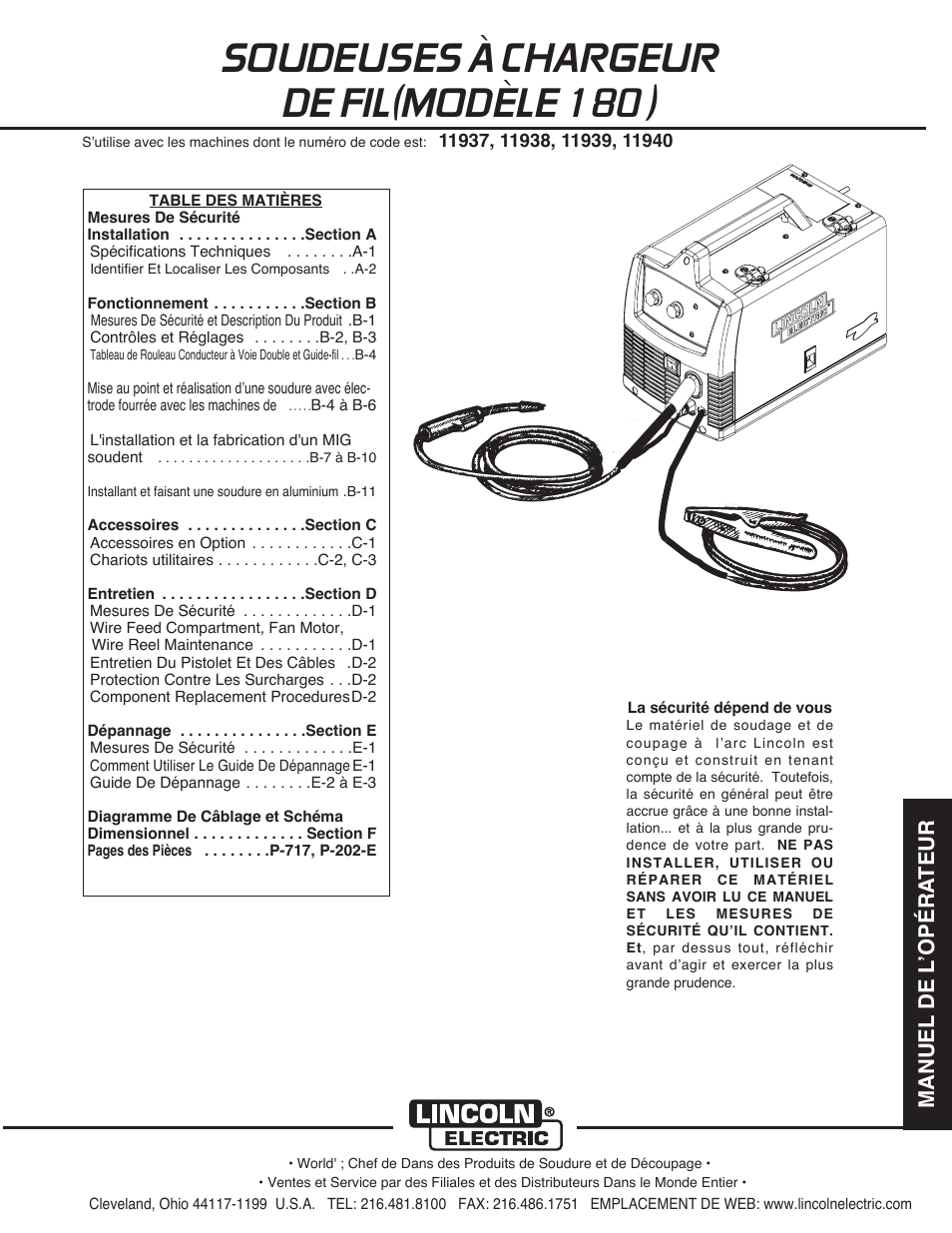 Soudeuses à chargeur de fil(modèle 180 ), Manuel de l ʼopéra teur | Lincoln Electric IMT10135 WIRE FEEDER WELDER 180 User Manual | Page 61 / 92