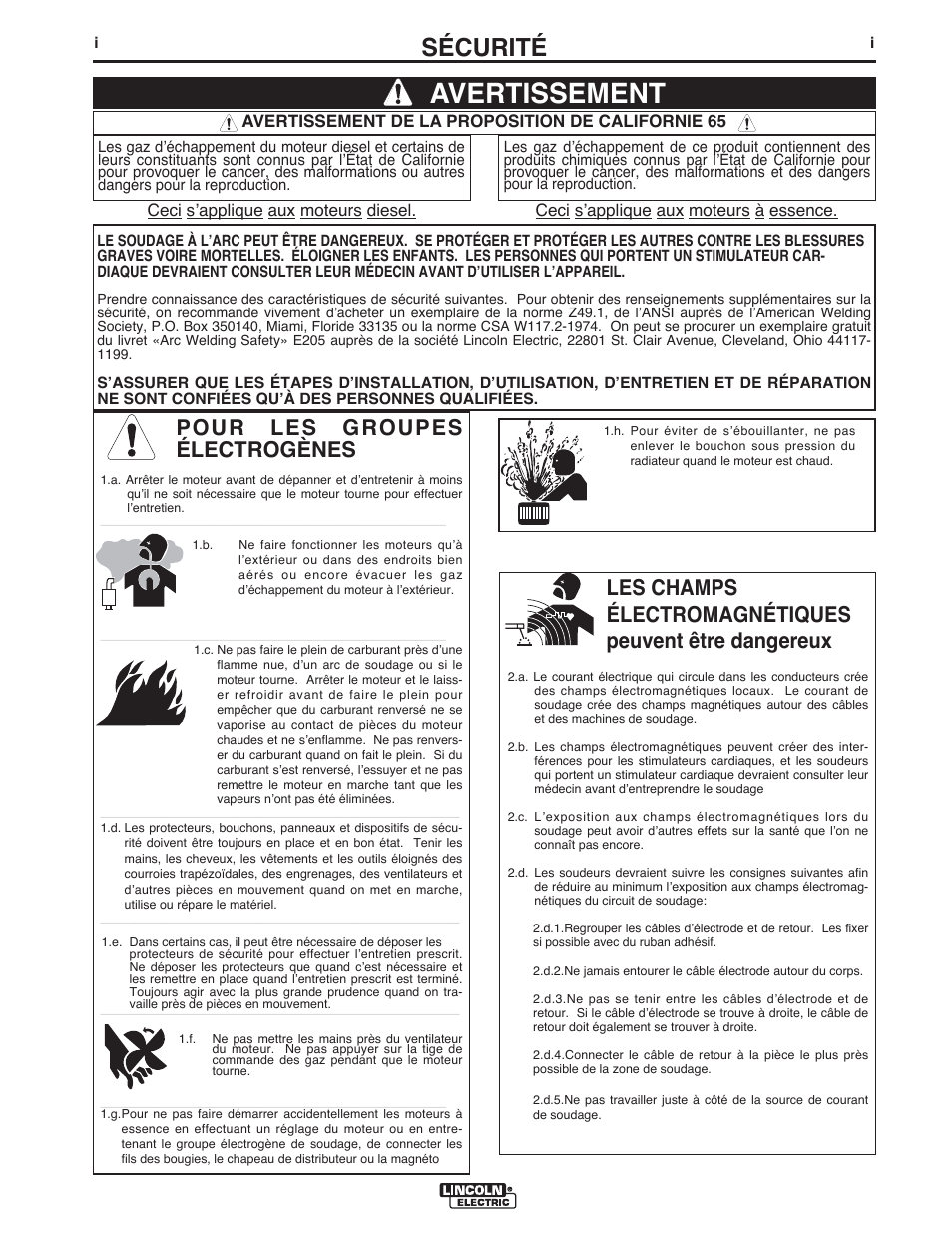 Avertissement, Sécurité, Pour les groupes électrogènes | Lincoln Electric IMT10135 WIRE FEEDER WELDER 180 User Manual | Page 62 / 92