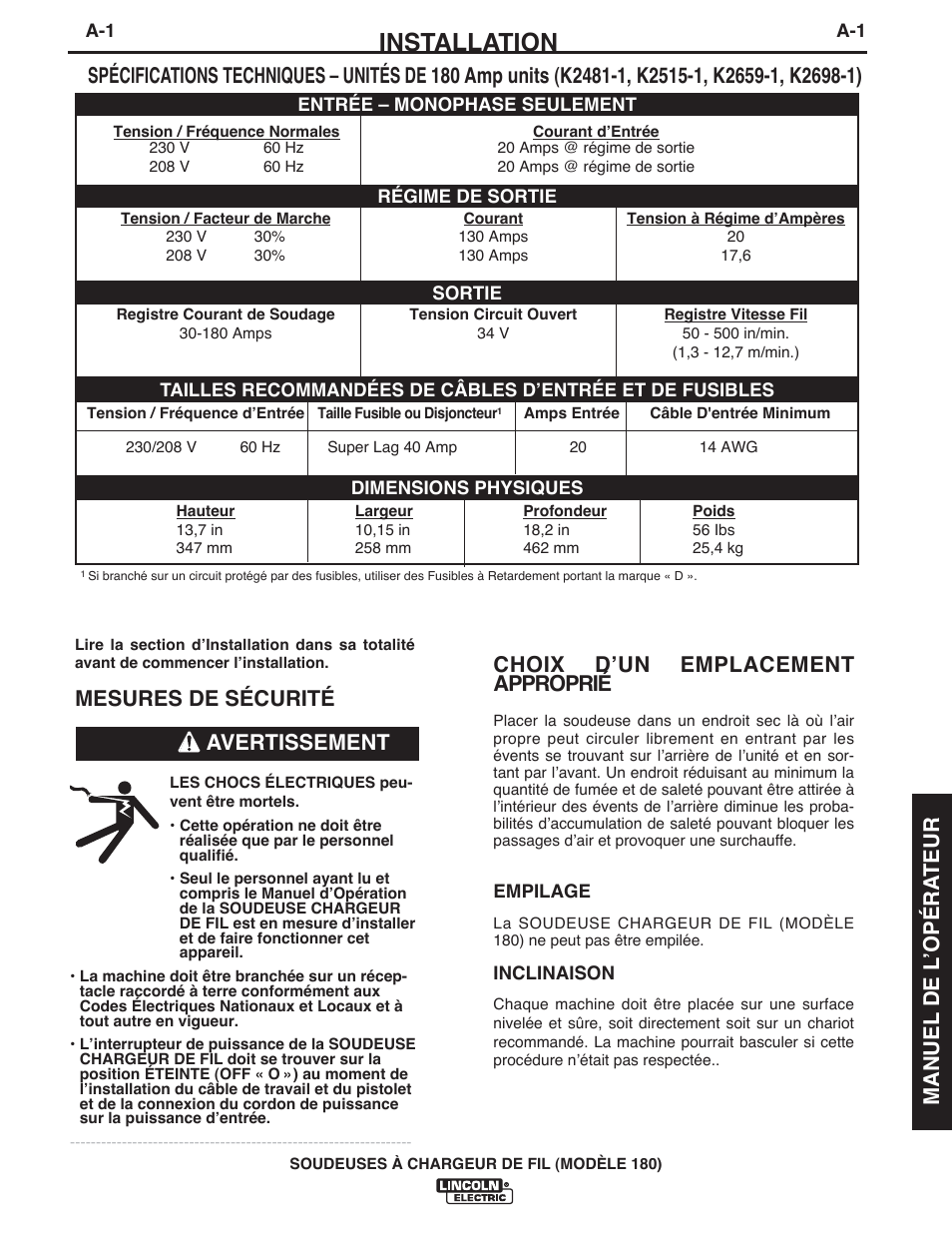 Installation, Manuel de l ʼopéra teur, Choix dʼun emplacement approprié | Mesures de sécurité, Avertissement | Lincoln Electric IMT10135 WIRE FEEDER WELDER 180 User Manual | Page 67 / 92