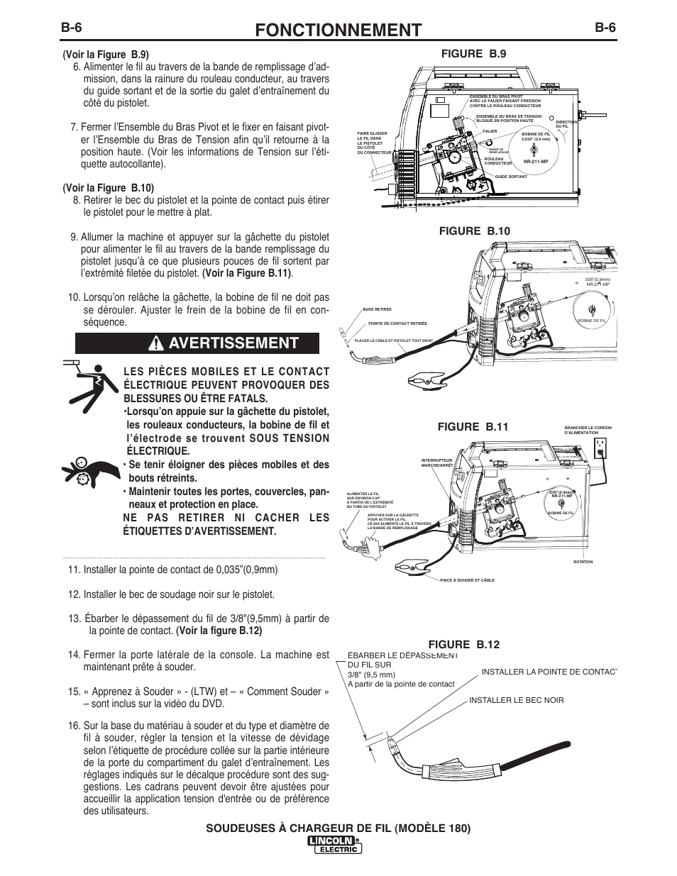 Fonctionnement, Avertissement, Figure b.10 figure b.11 | Figure b.9 figure b.12 | Lincoln Electric IMT10135 WIRE FEEDER WELDER 180 User Manual | Page 74 / 92