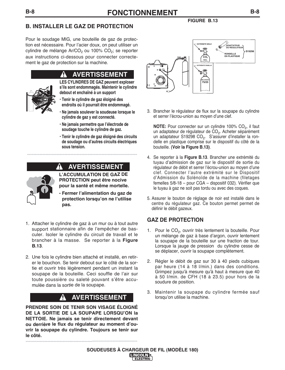 Fonctionnement, Avertissement, B. installer le gaz de protection | Gaz de protection | Lincoln Electric IMT10135 WIRE FEEDER WELDER 180 User Manual | Page 76 / 92