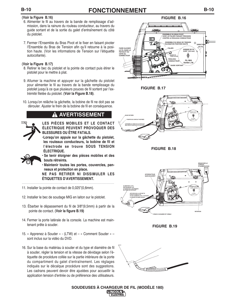 Fonctionnement, Avertissement, B-10 | Lincoln Electric IMT10135 WIRE FEEDER WELDER 180 User Manual | Page 78 / 92