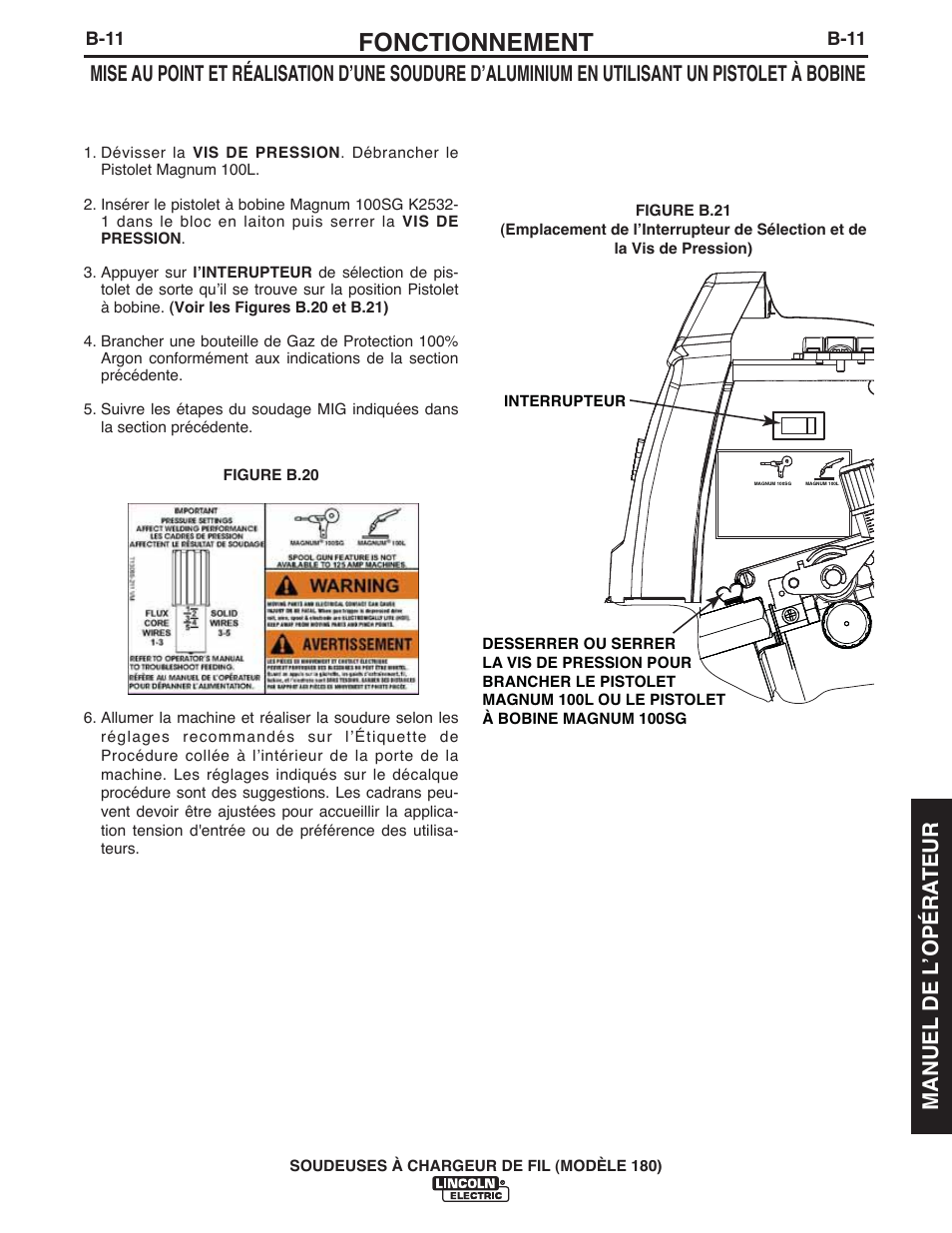 Fonctionnement, Manuel de l ʼopéra teur | Lincoln Electric IMT10135 WIRE FEEDER WELDER 180 User Manual | Page 79 / 92