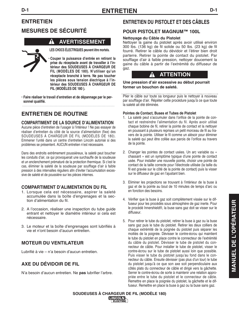 Entretien, Entretien mesures de sécurité, Entretien de routine | Avertissement entretien du pistolet et des câbles, Attention manuel de l ʼopéra teur | Lincoln Electric IMT10135 WIRE FEEDER WELDER 180 User Manual | Page 83 / 92