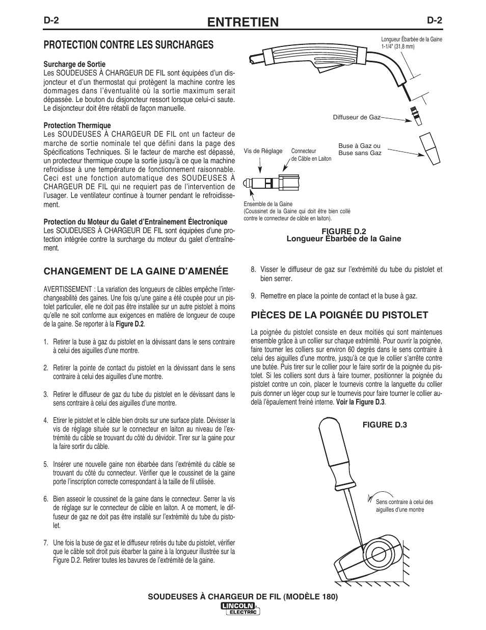 Entretien, Protection contre les surcharges | Lincoln Electric IMT10135 WIRE FEEDER WELDER 180 User Manual | Page 84 / 92