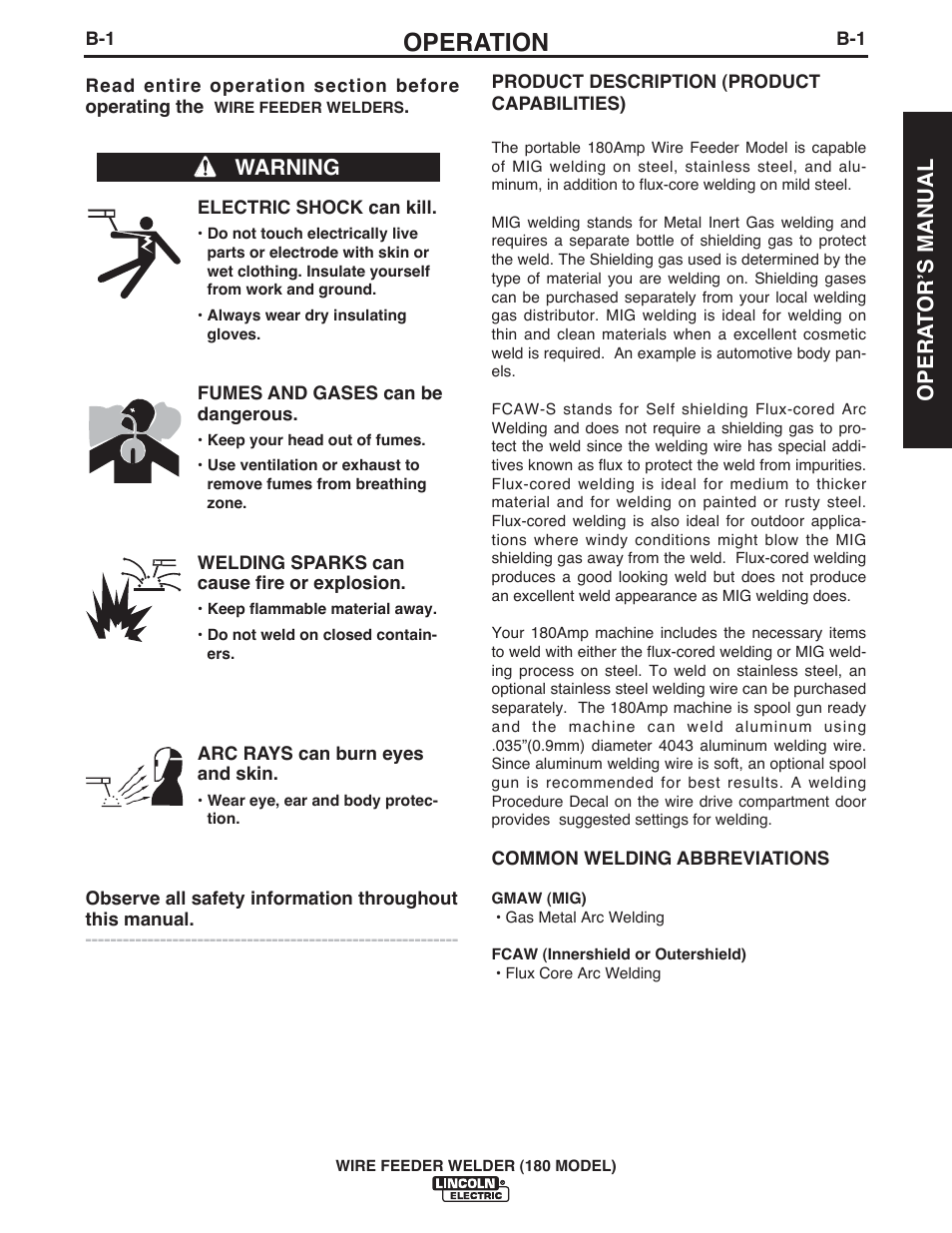 Operation, Opera t or ʼs manual, Warning | Lincoln Electric IMT10135 WIRE FEEDER WELDER 180 User Manual | Page 9 / 92