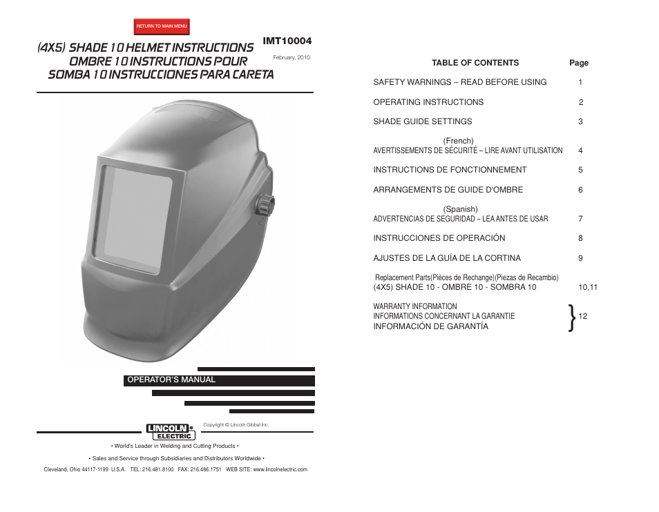 Lincoln Electric IMT10004 (4X5) SHADE 10 HELMET User Manual | 16 pages