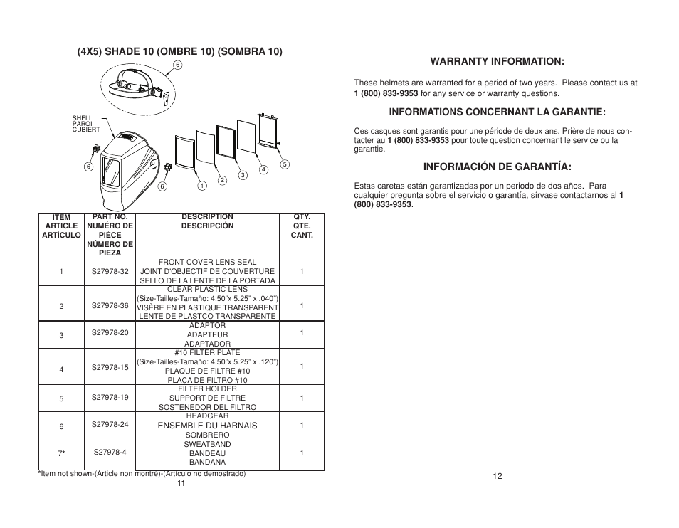 Warranty information, Informations concernant la garantie, Información de garantía | Lincoln Electric IMT10004 (4X5) SHADE 10 HELMET User Manual | Page 13 / 16