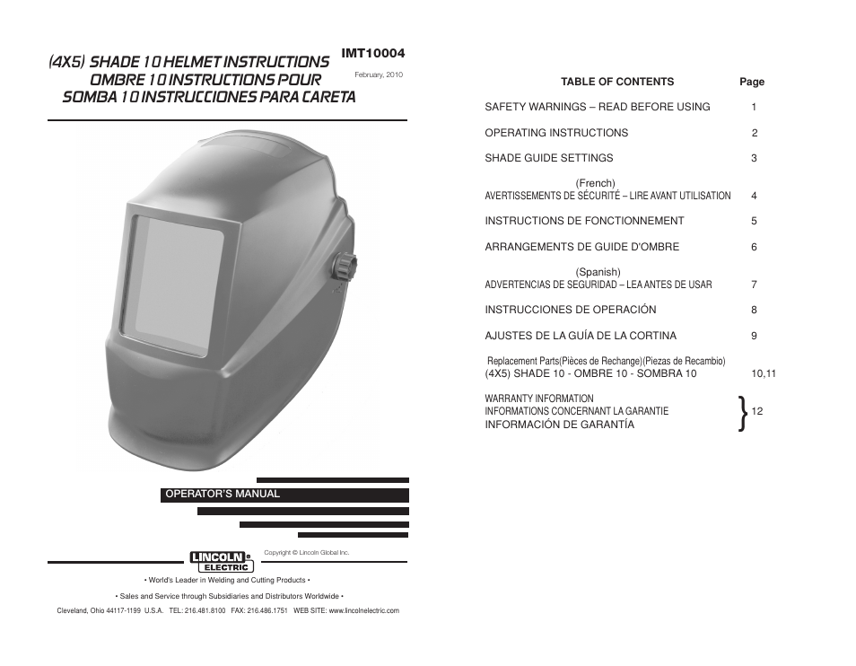 Lincoln Electric IMT10004 (4X5) SHADE 10 HELMET User Manual | Page 2 / 16