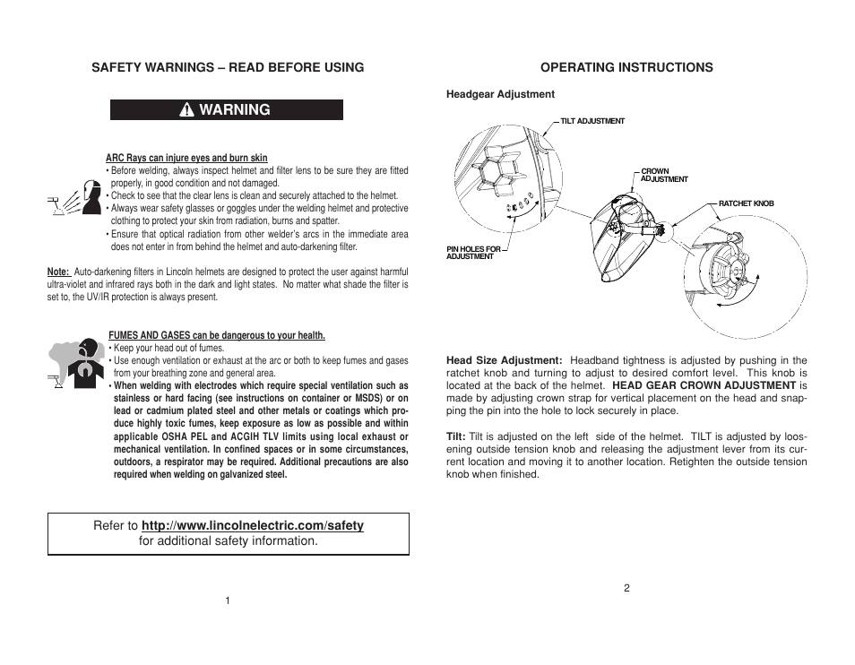 Warning | Lincoln Electric IMT10004 (4X5) SHADE 10 HELMET User Manual | Page 3 / 16