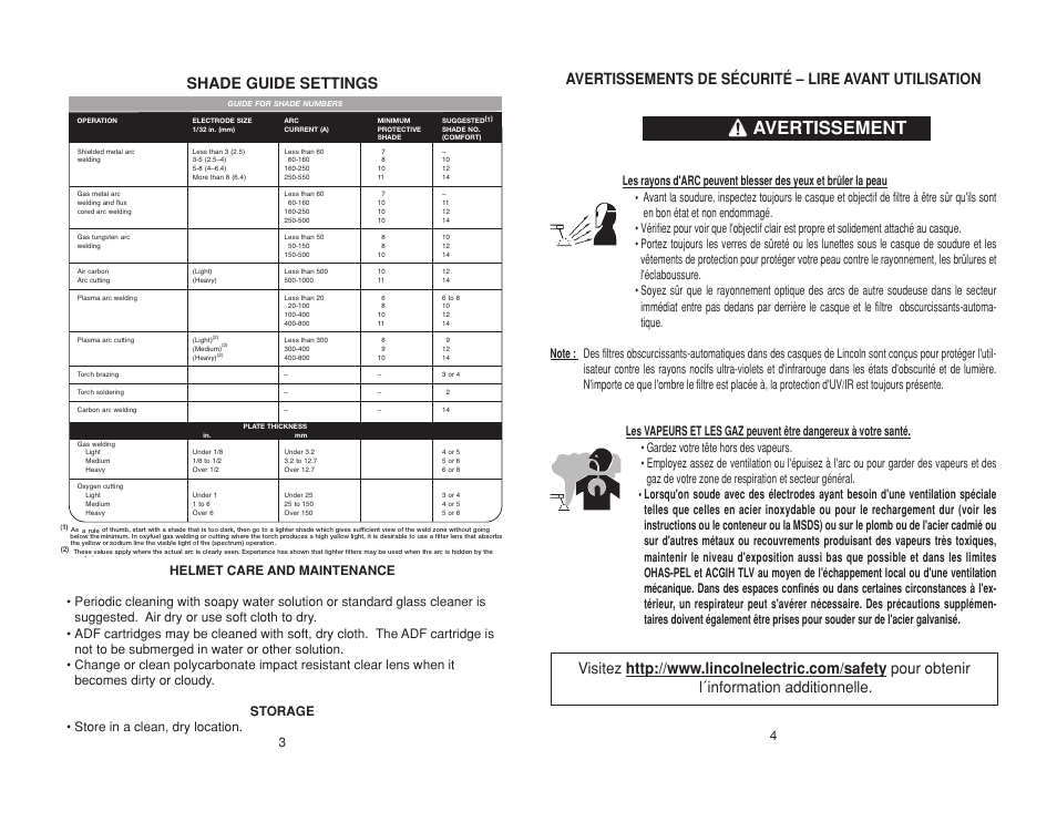 Avertissement, Shade guide settings | Lincoln Electric IMT10004 (4X5) SHADE 10 HELMET User Manual | Page 6 / 16