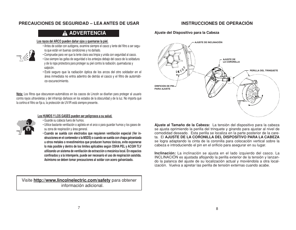 Advertencia | Lincoln Electric IMT10004 (4X5) SHADE 10 HELMET User Manual | Page 9 / 16