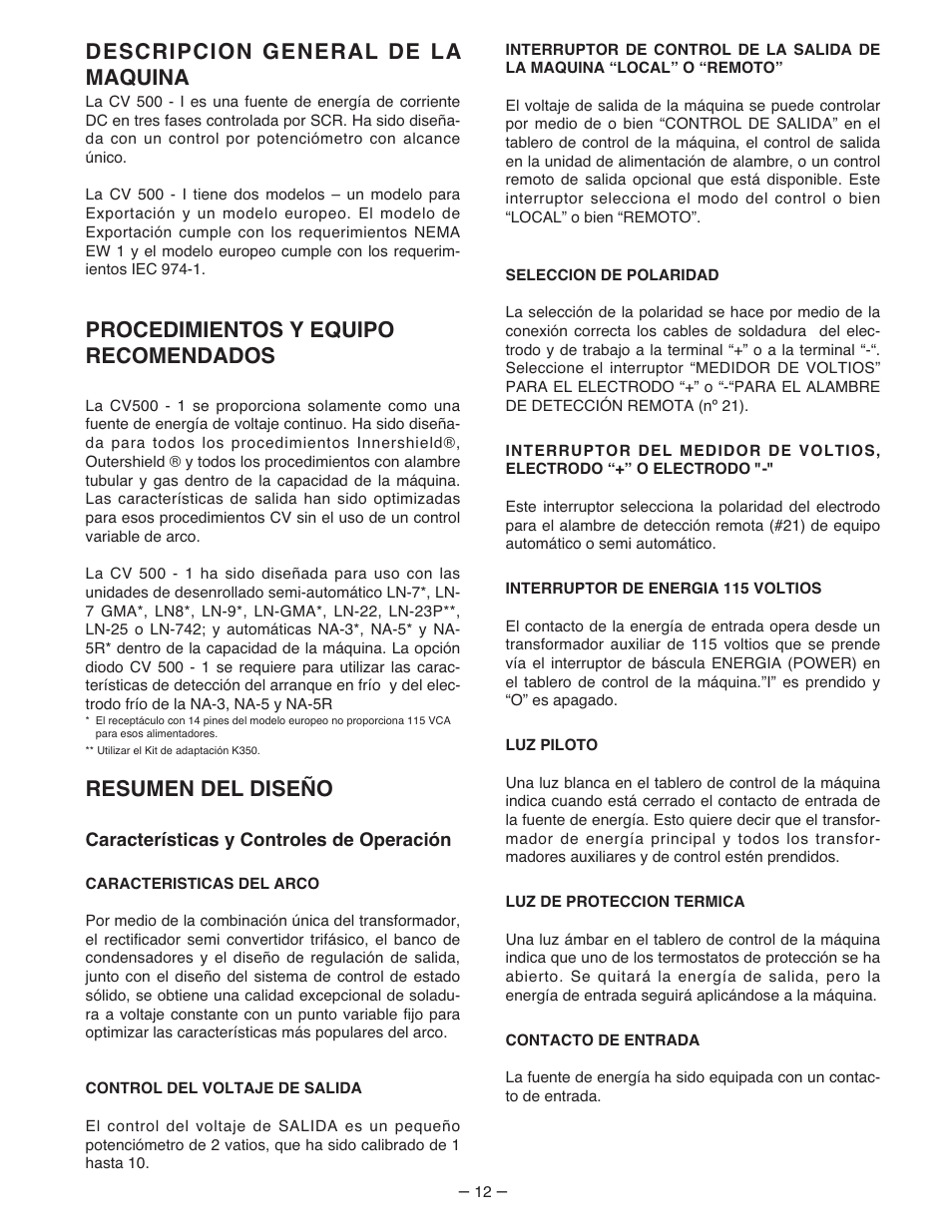 Descripcion general de la maquina, Procedimientos y equipo recomendados, Resumen del diseño | Lincoln Electric IM481 IDEALARC 500-I User Manual | Page 12 / 35