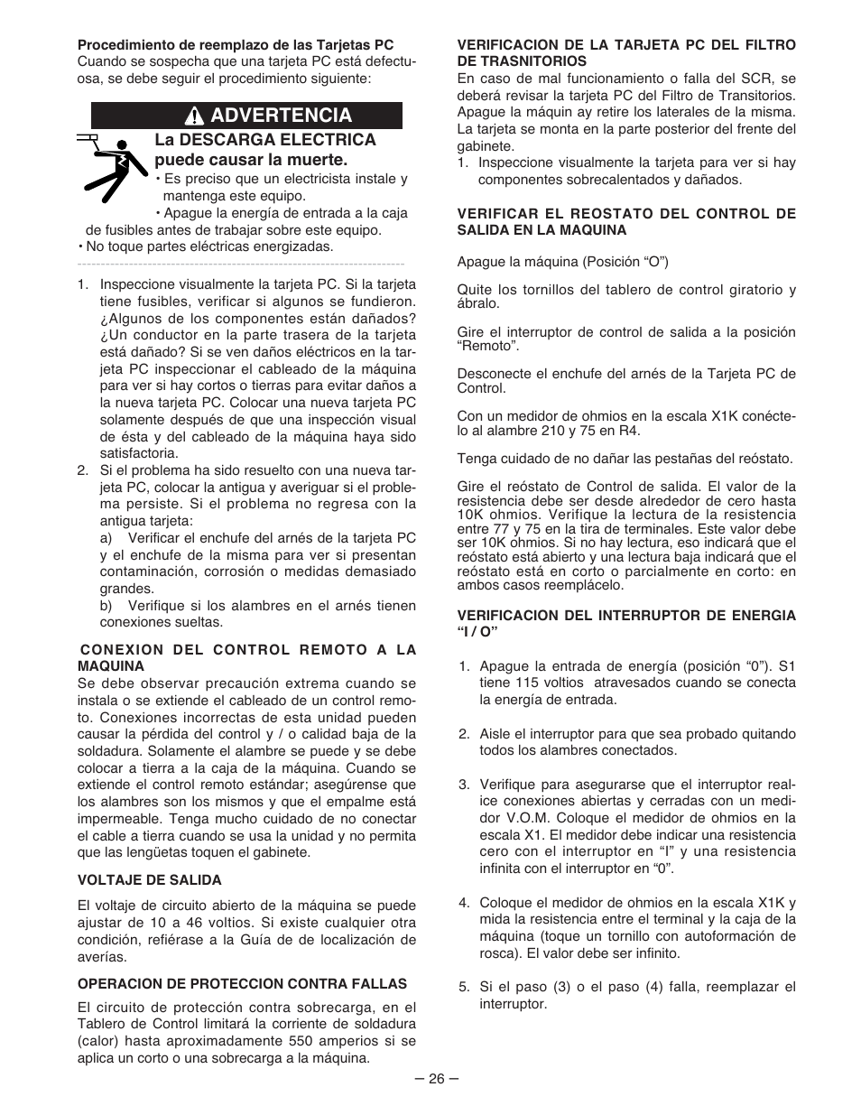 Advertencia | Lincoln Electric IM481 IDEALARC 500-I User Manual | Page 26 / 35