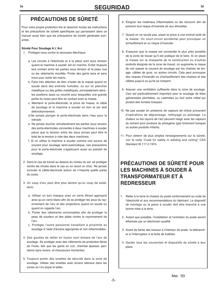 Seguridad, Précautions de sûreté | Lincoln Electric IM481 IDEALARC 500-I User Manual | Page 5 / 35