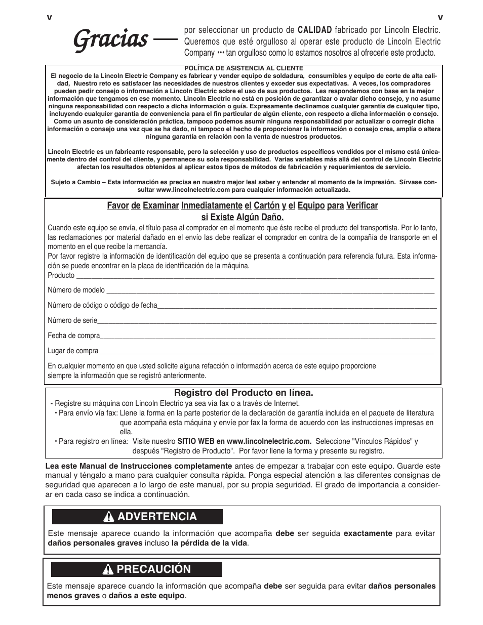 Gracias, Advertencia, Precaución | Lincoln Electric IM481 IDEALARC 500-I User Manual | Page 7 / 35