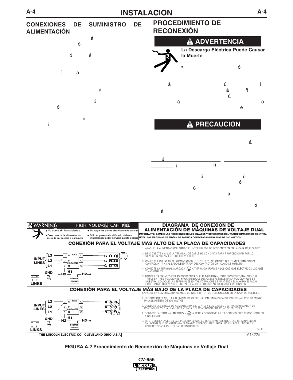 Instalacion, Procedimiento de reconexión, Precaucion | Advertencia, A-4 conexiones de suministro de alimentación | Lincoln Electric IM570 IDEALARC CV-655 User Manual | Page 11 / 46