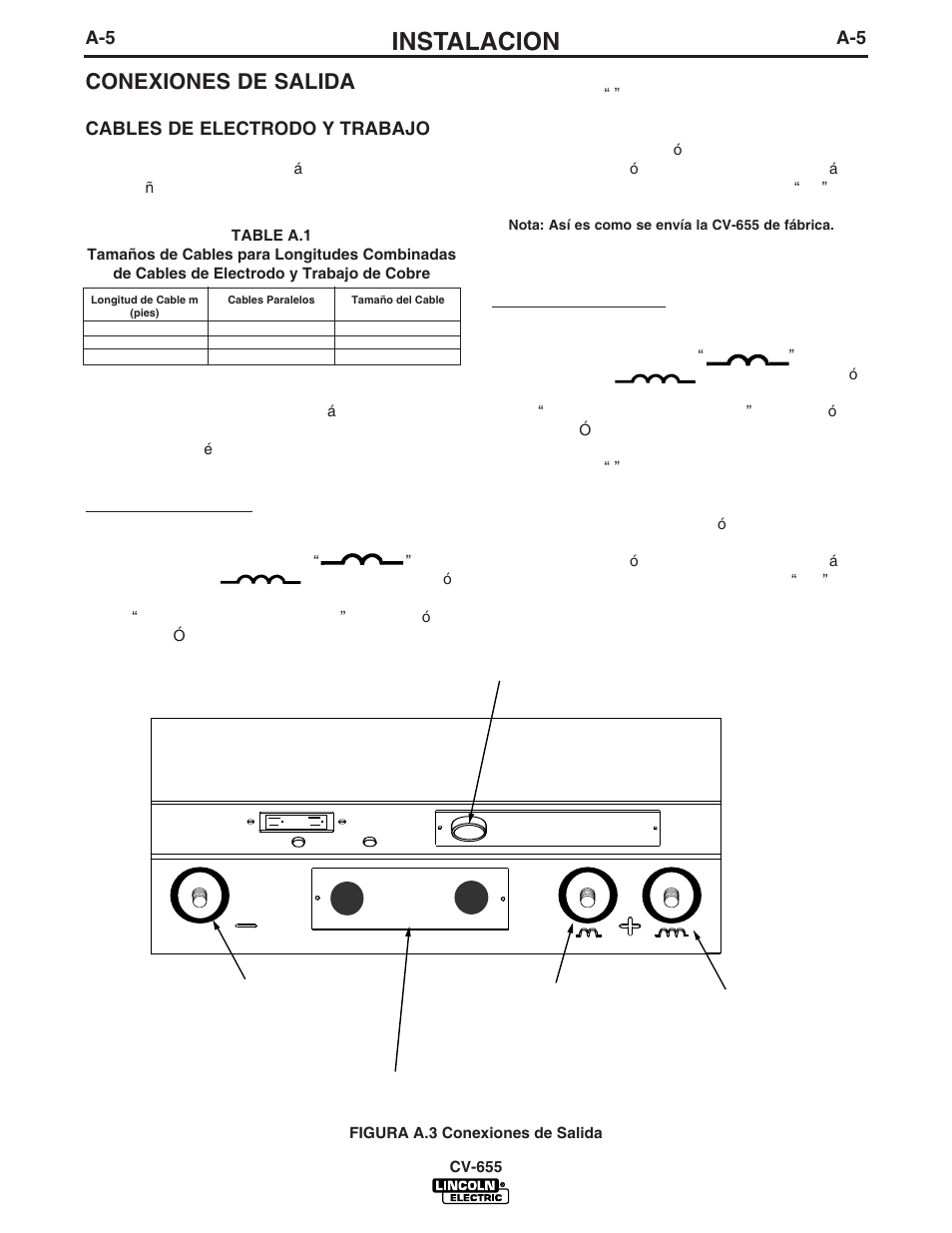 Instalacion, Conexiones de salida, Cables de electrodo y trabajo | Lincoln Electric IM570 IDEALARC CV-655 User Manual | Page 12 / 46