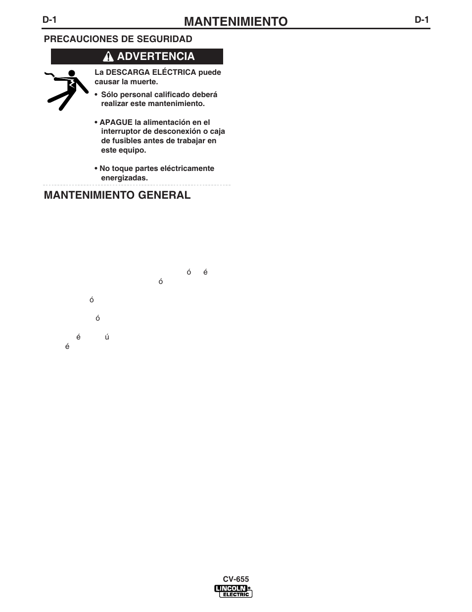 Mantenimiento, Mantenimiento general, Advertencia | Lincoln Electric IM570 IDEALARC CV-655 User Manual | Page 21 / 46