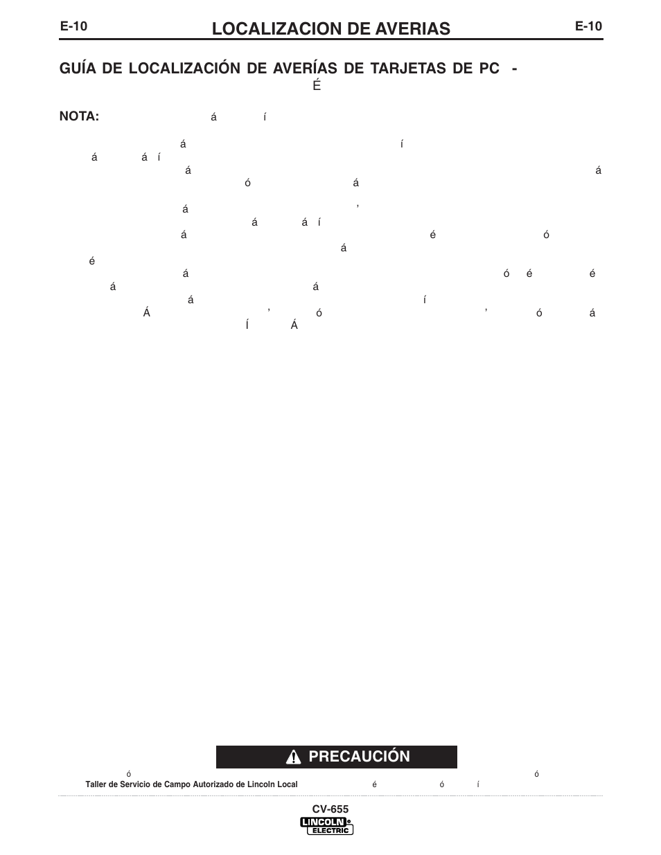 Localizacion de averias, Guía de localización de averías de tarjetas de pc, Precaución | Lincoln Electric IM570 IDEALARC CV-655 User Manual | Page 31 / 46