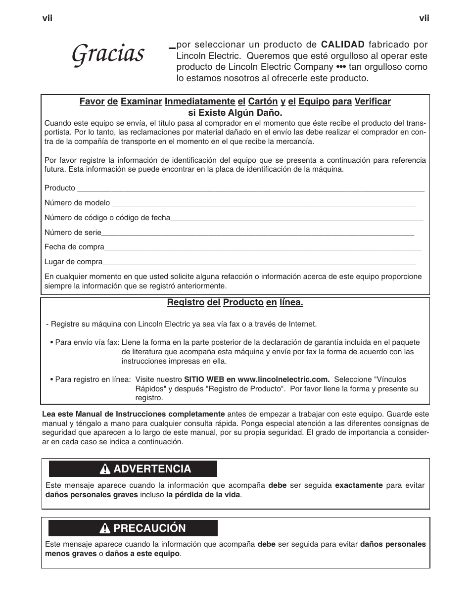 Gracias | Lincoln Electric IM570 IDEALARC CV-655 User Manual | Page 6 / 46