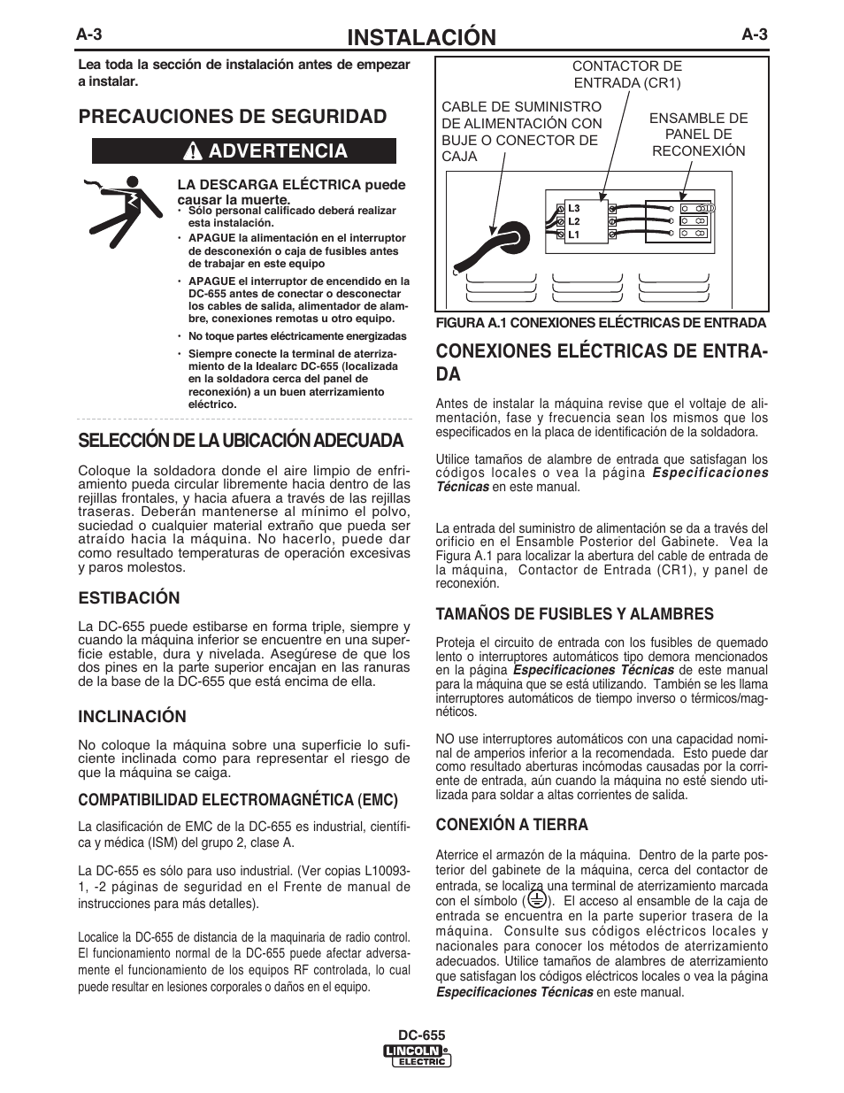 Instalación, Conexiones eléctricas de entra- da, Advertencia | Lincoln Electric IM602 IDEALARC DC-655 User Manual | Page 10 / 48