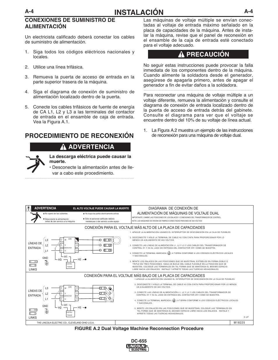 Instalación, Procedimiento de reconexión, Precaución | Advertencia, A-4 conexiones de suministro de alimentación, Dc-655 | Lincoln Electric IM602 IDEALARC DC-655 User Manual | Page 11 / 48