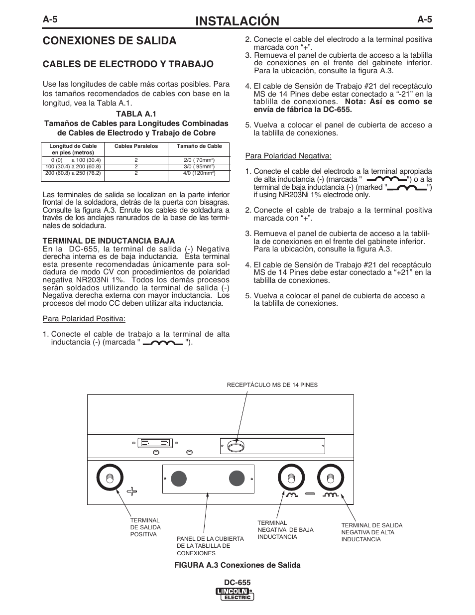 Instalación, Conexiones de salida, Cables de electrodo y trabajo | Lincoln Electric IM602 IDEALARC DC-655 User Manual | Page 12 / 48