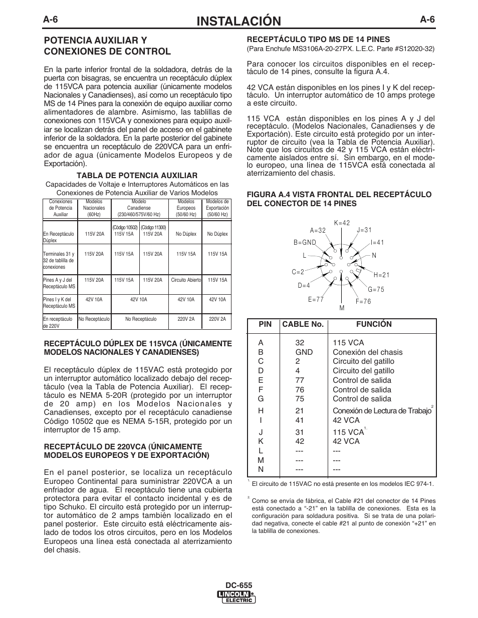 Instalación, Potencia auxiliar y conexiones de control | Lincoln Electric IM602 IDEALARC DC-655 User Manual | Page 13 / 48