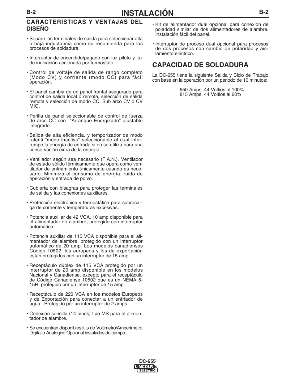 Instalación, Capacidad de soldadura | Lincoln Electric IM602 IDEALARC DC-655 User Manual | Page 16 / 48