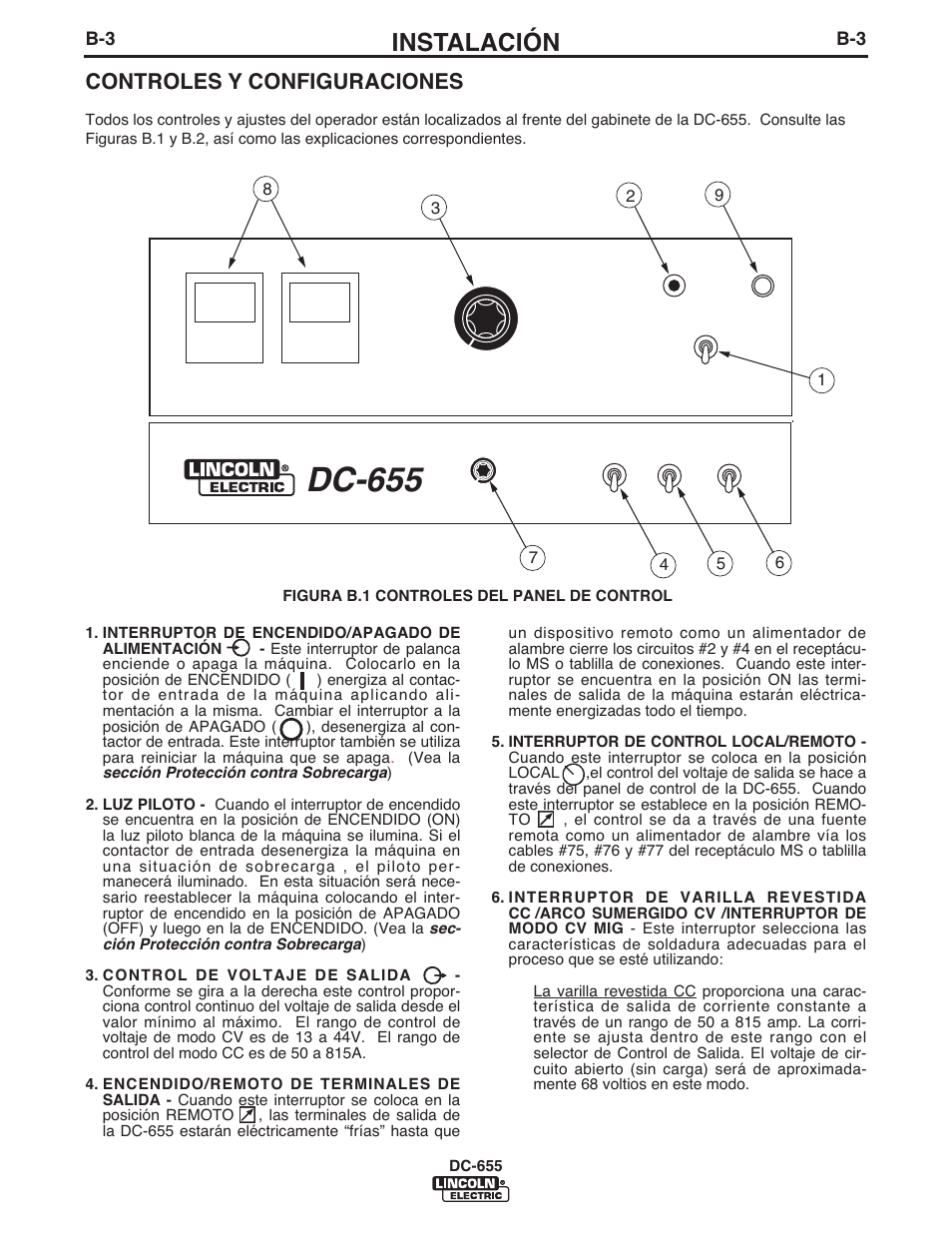 Dc-655, Instalación, Controles y configuraciones | Lincoln Electric IM602 IDEALARC DC-655 User Manual | Page 17 / 48