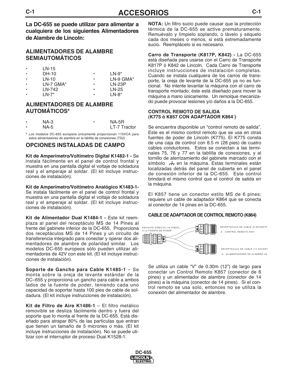 Accesorios, Alimentadores de alambre automáticos, Opciones instaladas de campo | Lincoln Electric IM602 IDEALARC DC-655 User Manual | Page 22 / 48