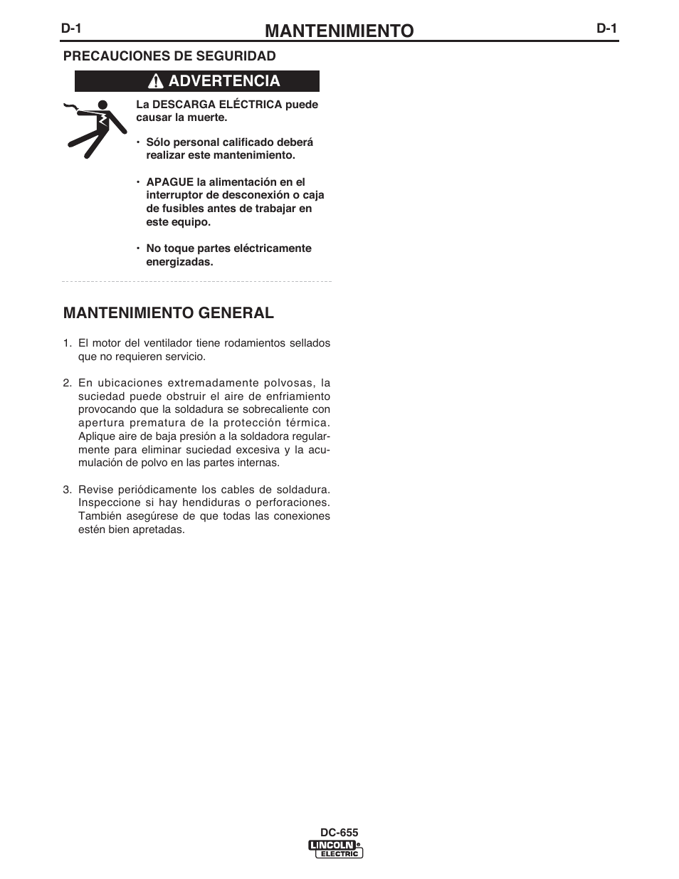 Mantenimiento, Mantenimiento general, Advertencia | Lincoln Electric IM602 IDEALARC DC-655 User Manual | Page 24 / 48