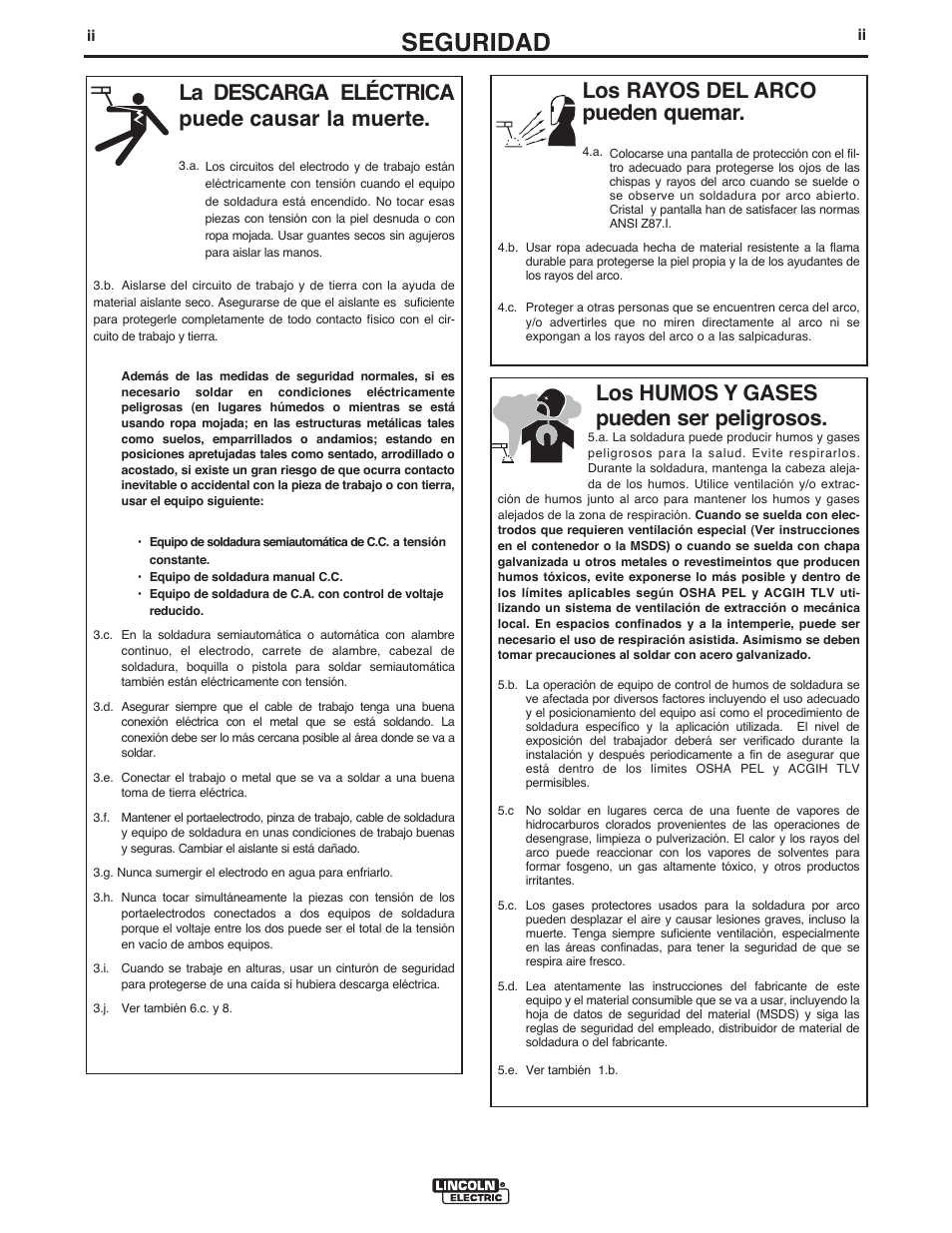 Seguridad, Los rayos del arco pueden quemar, La descarga eléctrica puede causar la muerte | Los humos y gases pueden ser peligrosos | Lincoln Electric IM602 IDEALARC DC-655 User Manual | Page 3 / 48