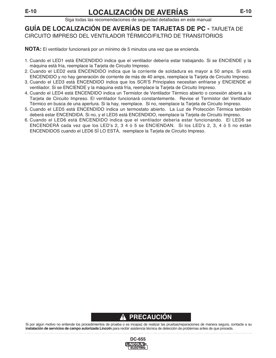 Localización de averías, Guía de localización de averías de tarjetas de pc, Precaución | Lincoln Electric IM602 IDEALARC DC-655 User Manual | Page 34 / 48