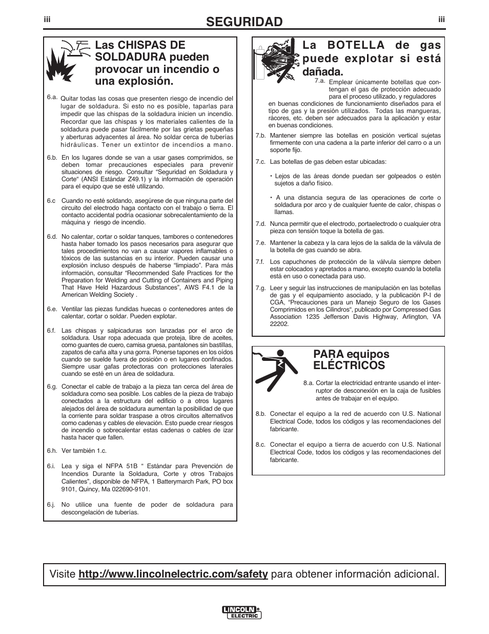 Seguridad, Para equipos eléctricos, La botella de gas puede explotar si está dañada | Lincoln Electric IM602 IDEALARC DC-655 User Manual | Page 4 / 48