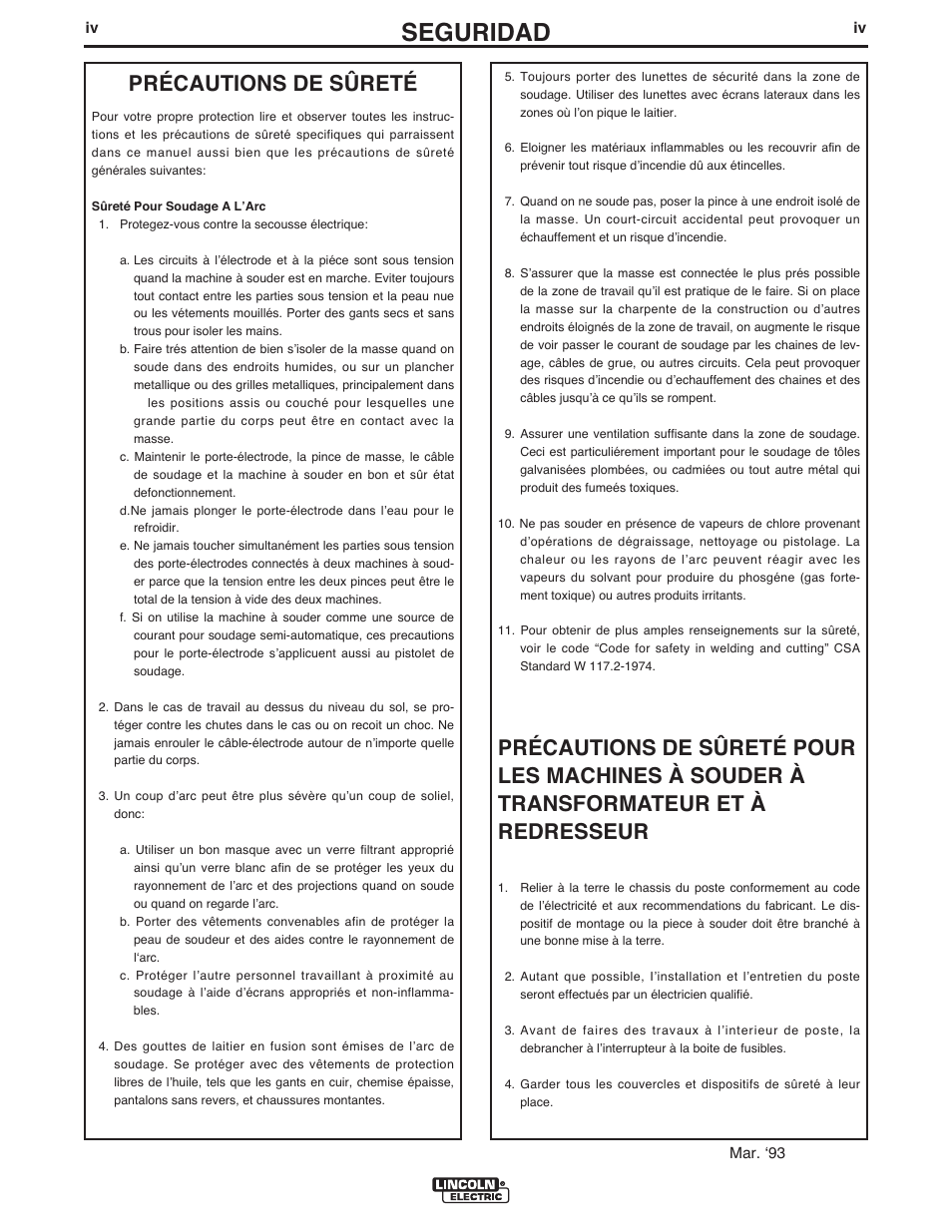 Seguridad, Précautions de sûreté | Lincoln Electric IM602 IDEALARC DC-655 User Manual | Page 5 / 48