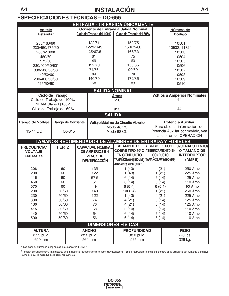 Instalación, Especificaciones técnicas – dc-655 | Lincoln Electric IM602 IDEALARC DC-655 User Manual | Page 8 / 48